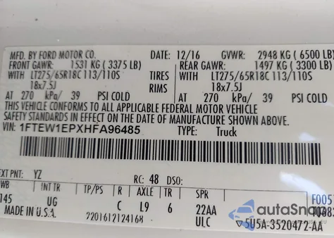 2017 Ford F-150 Xlt из США, поврежденный, VIN 1FTEW1EPXHFA96485